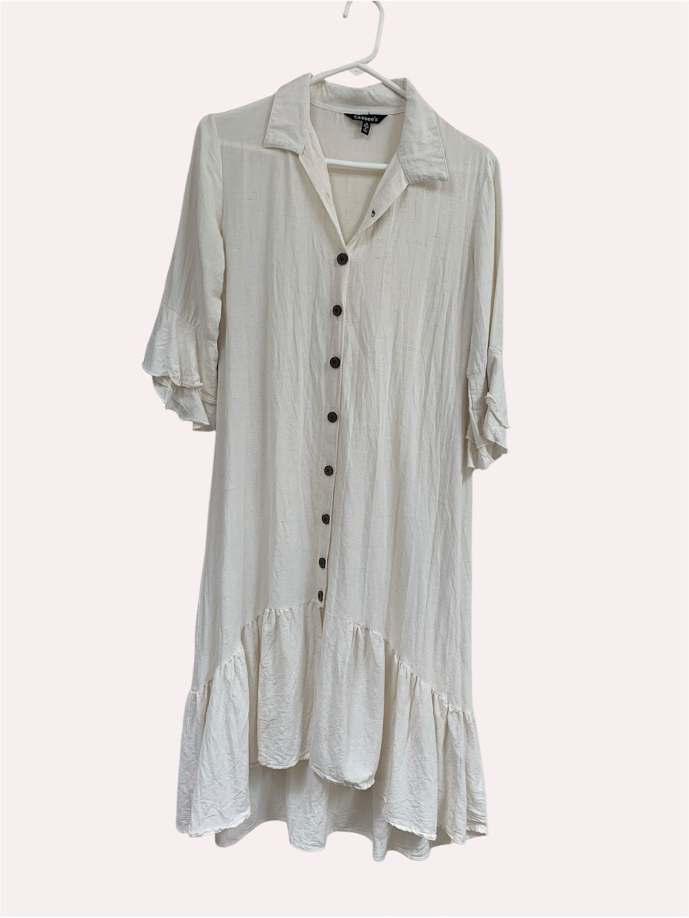 Lightweight Ivory Button-Front Flutter Hem & Sleeve Dress - Picture 3 of 5